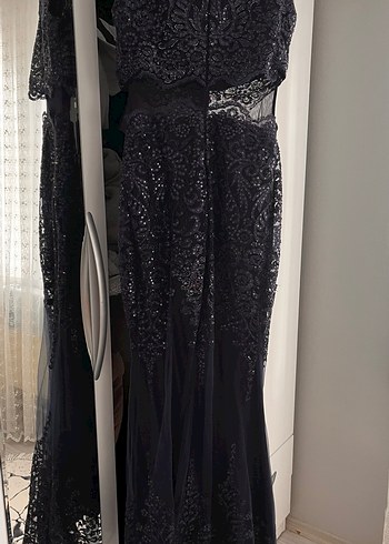 Lacivert Dantel İşlemeli Uzun Abiye Elbise - Görsel 4