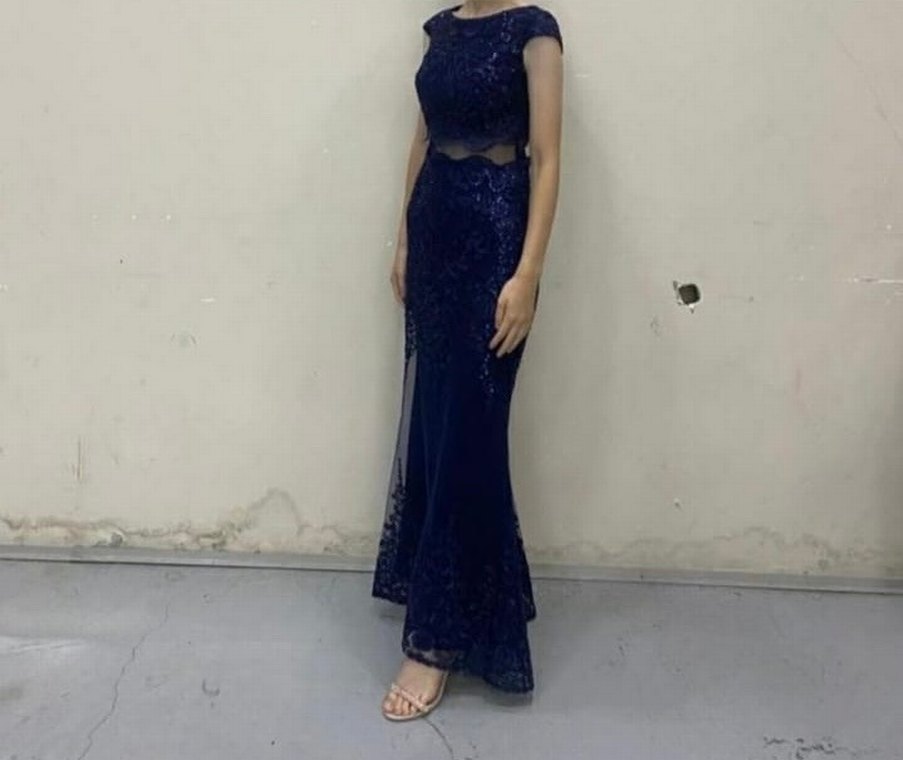 Lacivert Dantel İşlemeli Uzun Abiye Elbise - Görsel 2