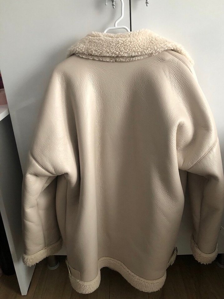 Beyaz Süet Peluş Detaylı Midi Kadın Ceket - Görsel 2