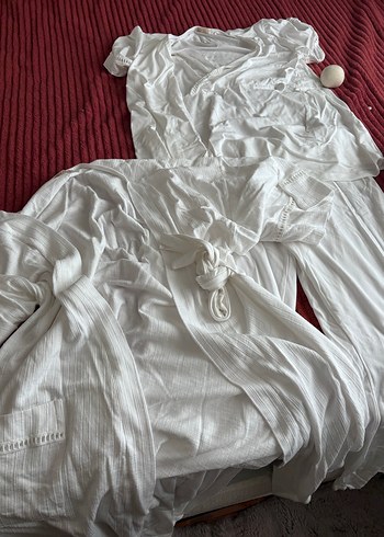 Beyaz V Yaka Uzun Kollu Hamile Pijama Takımı - Görsel 2