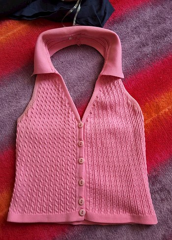 Pembe Örgü Kolsuz Yelek