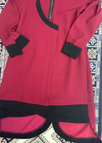 Bordo Siyah Detaylı Uzun Kadın Tunik - Görsel 4