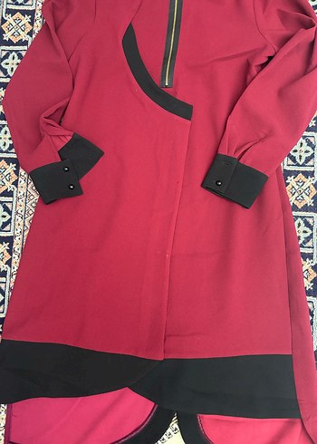 Bordo Siyah Detaylı Uzun Kadın Tunik - Görsel 2