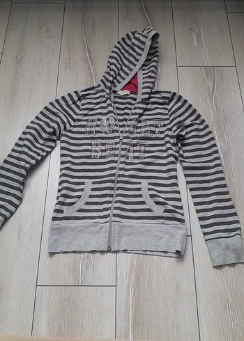 Kız Çocuk Gri Çizgili Kapüşonlu Sweatshirt