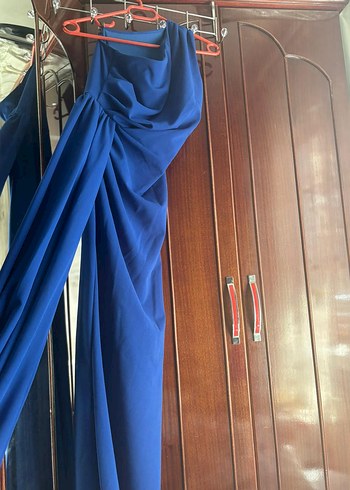 Mavi Tek Omuzlu Drapeli Abiye Elbise - Görsel 5