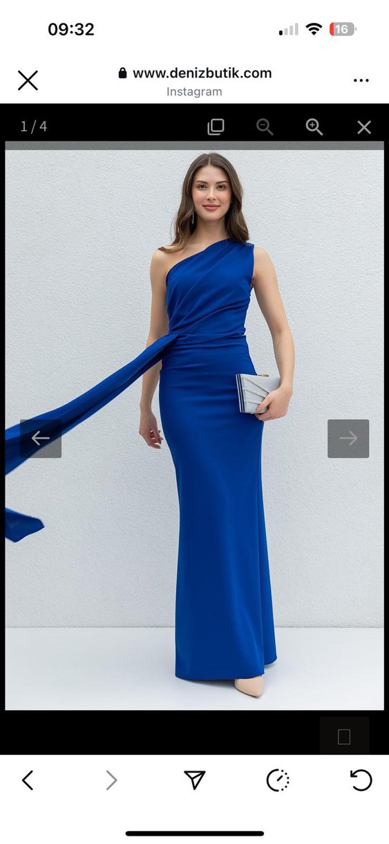 Mavi Tek Omuzlu Drapeli Abiye Elbise - Görsel 3