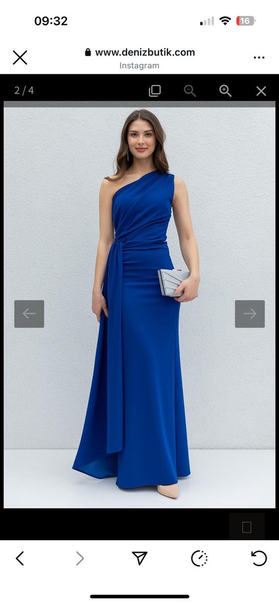 Mavi Tek Omuzlu Drapeli Abiye Elbise - Görsel 4