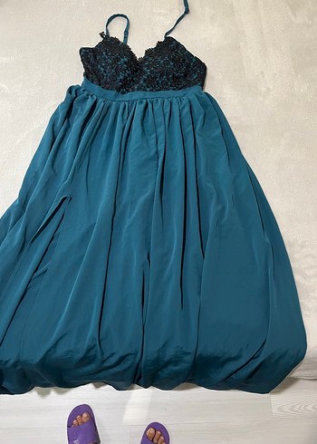 Straplez Turkuaz Uzun Abiye Elbise - Görsel 2