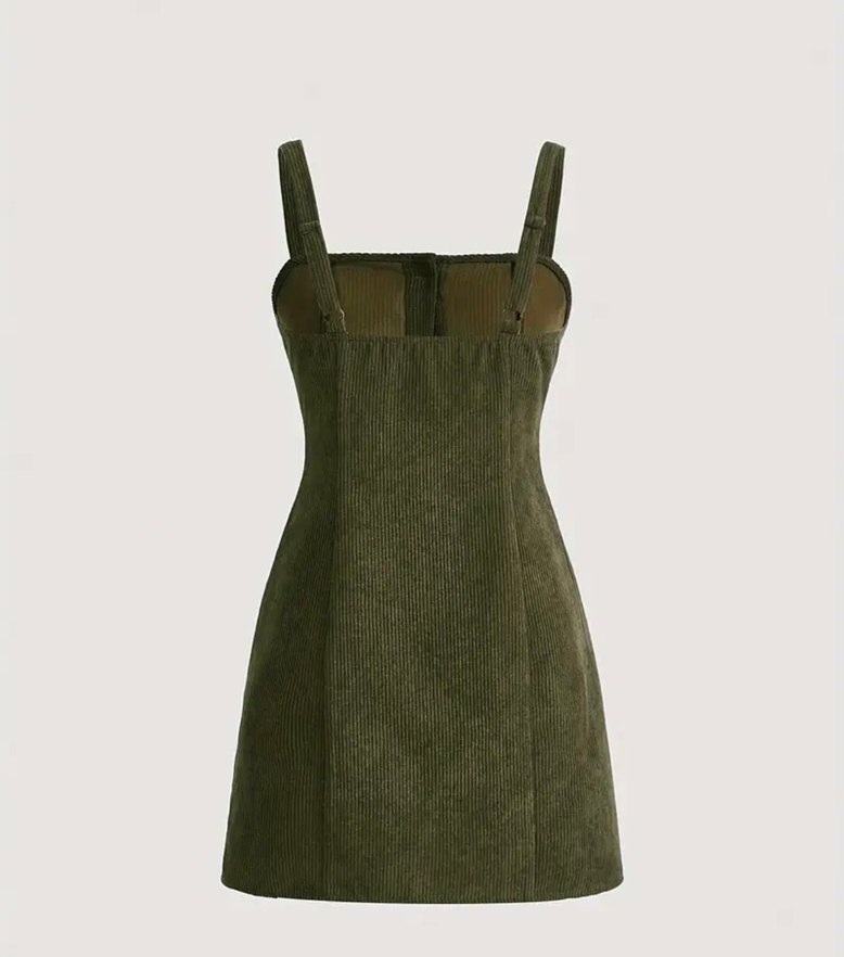 Düğmeli Kolsuz Haki Süet Midi Elbise - Görsel 2