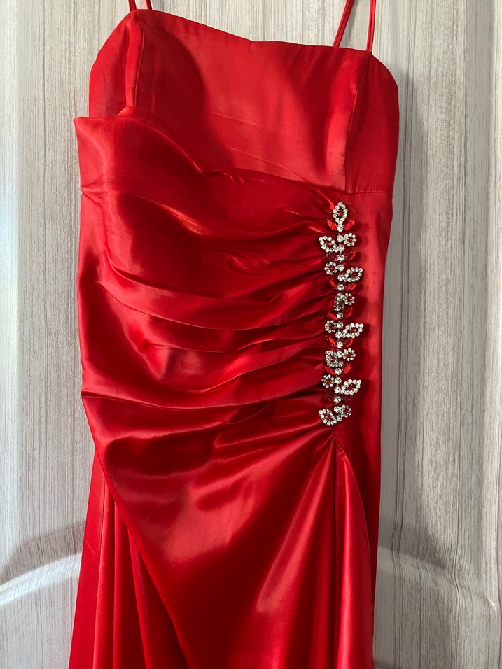 Kırmızı Drapeli Uzun Abiye Elbise - Görsel 3