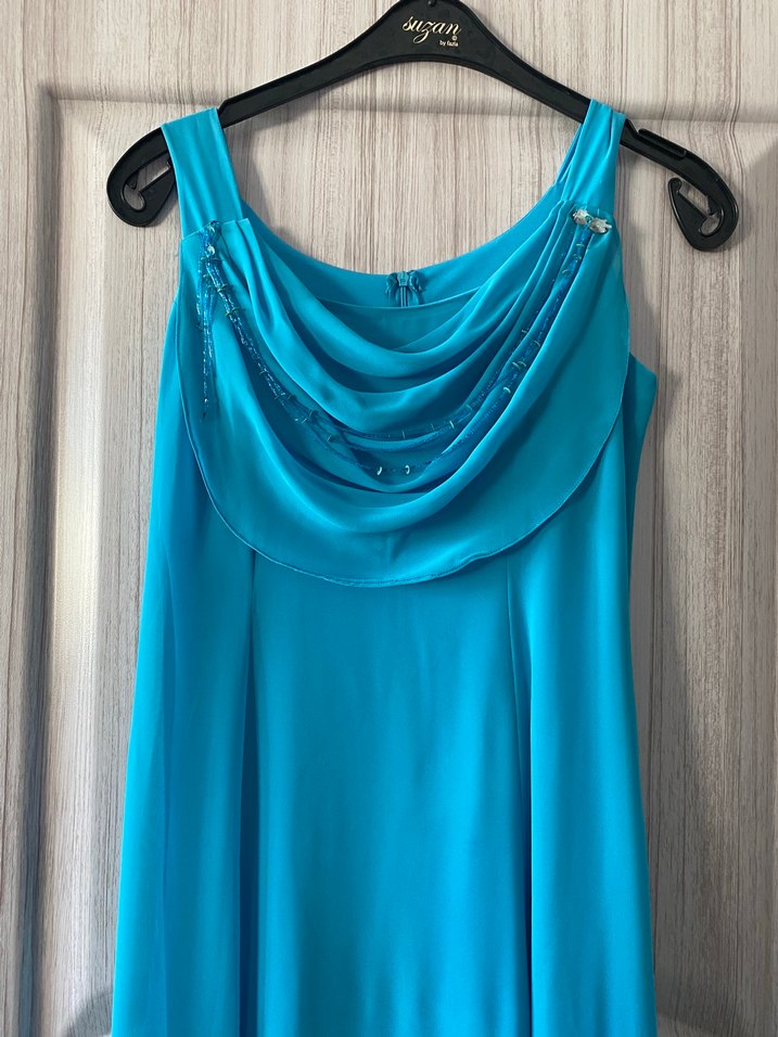 Kadın Turkuaz Uzun Drapeli Abiye Elbise - Görsel 3