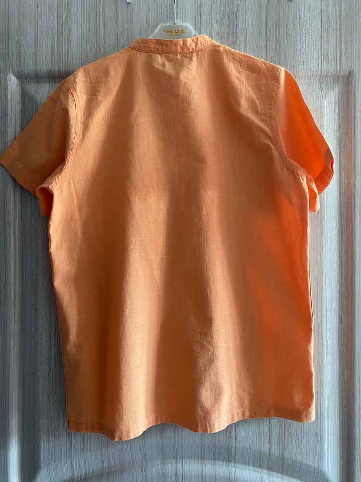 Turuncu Kısa Kollu Erkek Keten Gömlek - Görsel 4