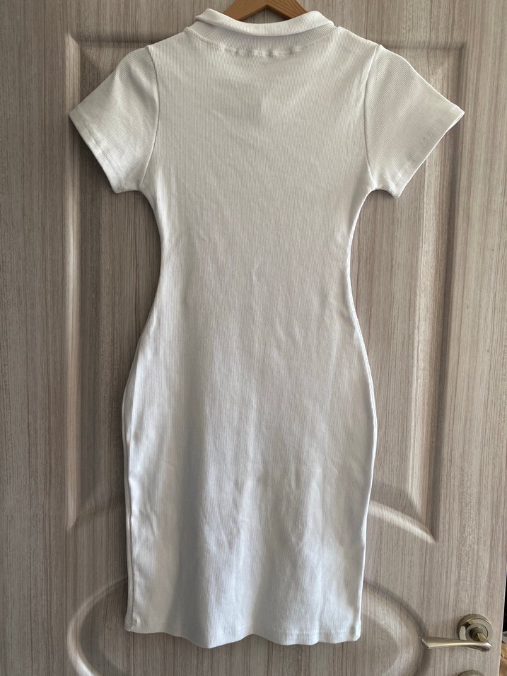 Beyaz Kısa Kollu Midi Keten Elbise - Görsel 2
