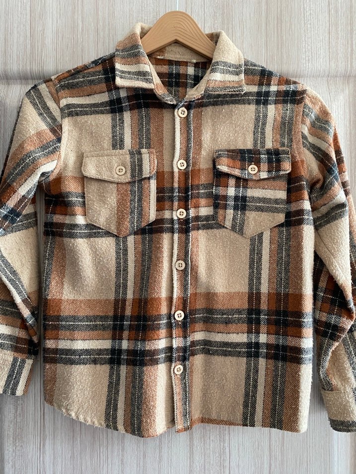 Düğmeli Kahverengi Ekose Kadın Gömlek - Görsel 2