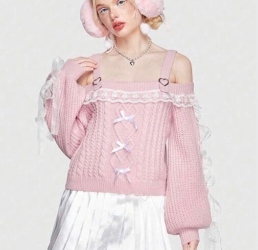 knit sweater & white ribbon tights