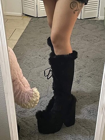 fluffy white chunky heel boots