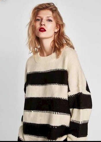 zara Kadın Siyah Beyaz Çizgili Triko Kazak - Görsel 2