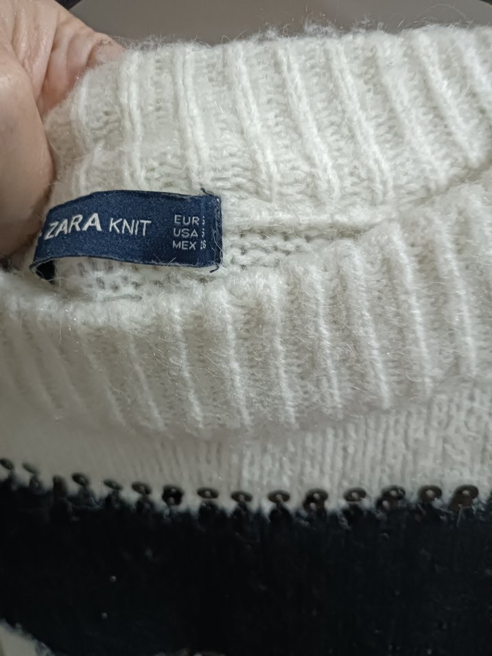 zara Kadın Siyah Beyaz Çizgili Triko Kazak - Görsel 5