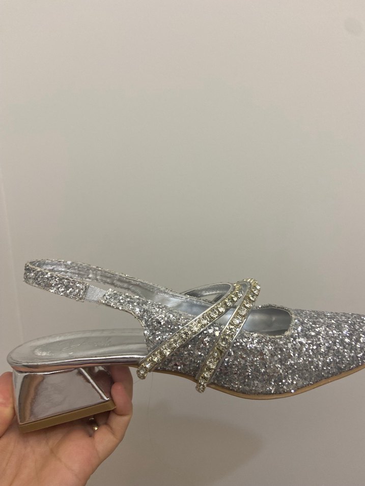 Gümüş Parlak Blok Topuklu Kadın Abiye Ayakkabı - Görsel 4