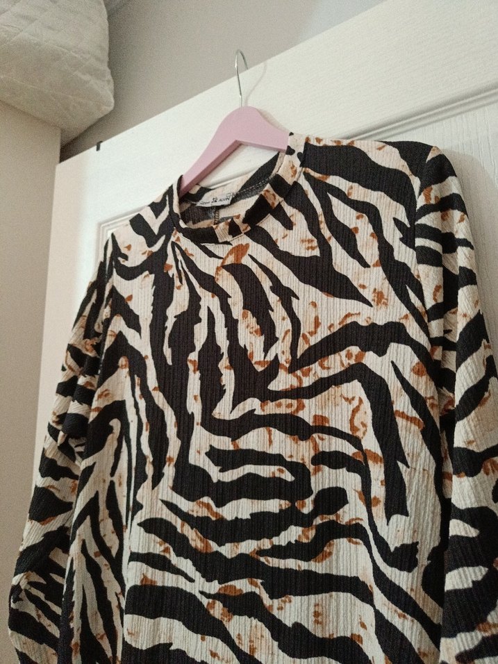 Bohem Zebra Desenli Uzun Kollu Uzun Elbise - Görsel 3