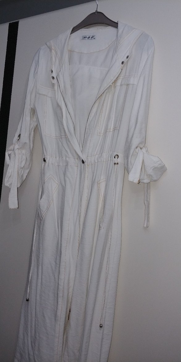 Beyaz Uzun Bohem Kadın Trençkot - Görsel 5