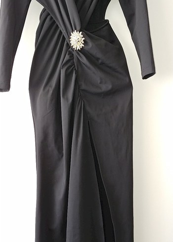 Uzun Siyah Drapeli Kadın Elbise - Görsel 8