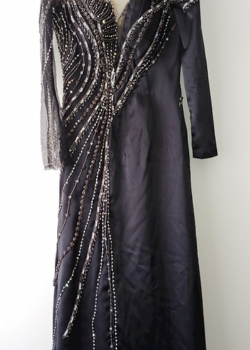 Siyah Drapeli Uzun Abiye V Yaka - Görsel 2