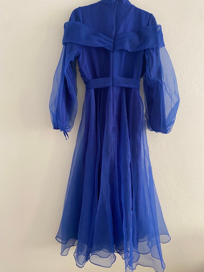 Uzun Kollu Mavi Drapeli Kadın Abiye - Görsel 3