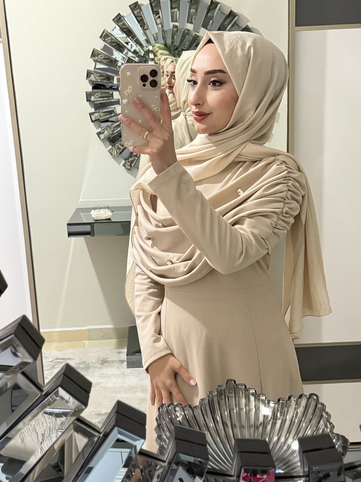 Camel Renkli Uzun Kollu Drapeli Bohem Elbise - Görsel 3