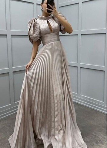 Beige Sleeve Detail Plated Evening Dress