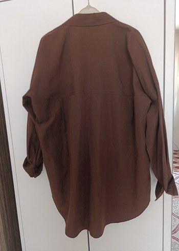 l Beden Kadın Kahverengi Keten Düğmeli Gömlek