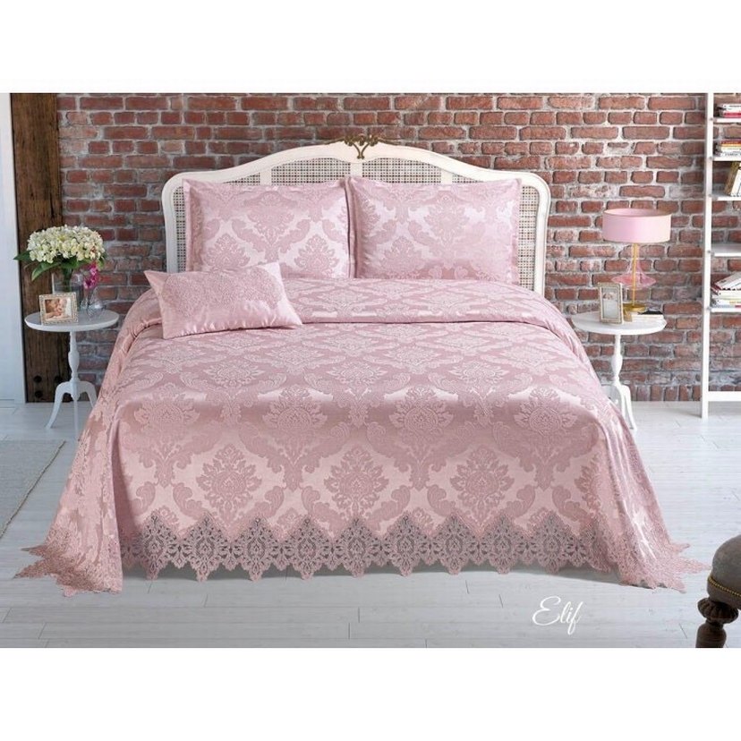 Nakışlı Pudra Pembe Yatak Örtüsü Seti - Görsel 2