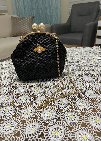Beden İnci Detaylı Siyah Örgü Kadın Çanta makrome kağıt ip hasır çanta