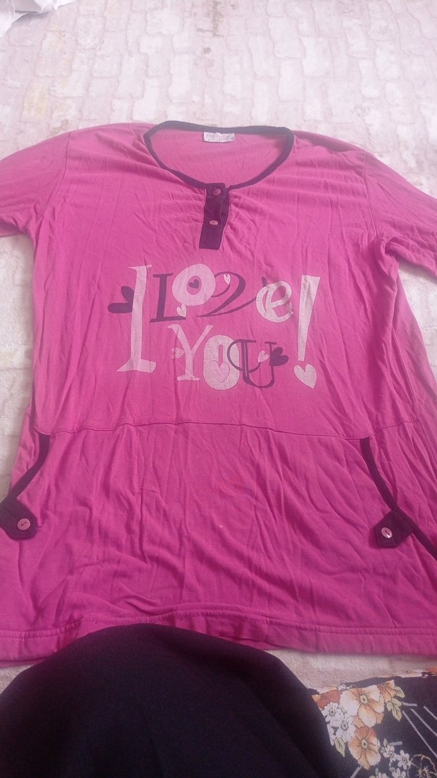 Düğmeli Pembe Hamile Tişörtü, Uzun Kollu - Görsel 3