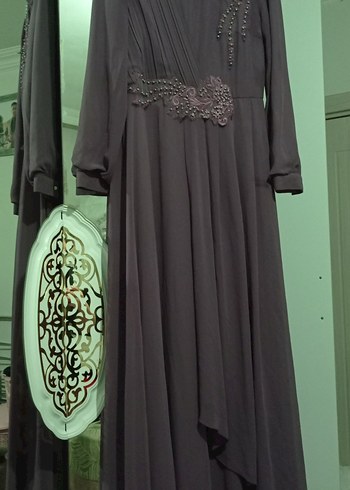 lila Uzun Kollu Nakışlı Kadın abiye - Görsel 2