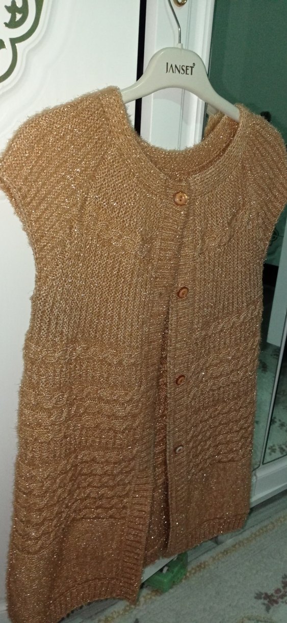 Kahverengi Parlak Örgü Kolsuz Kadın Hırka - Görsel 2