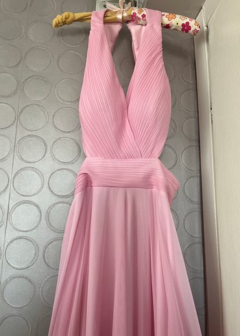 Pembe Piliseli Uzun Abiye Elbise