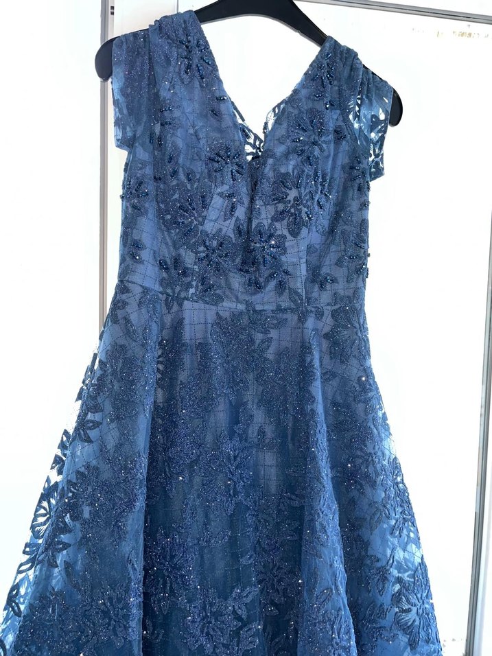 Mavi Uzun Drapeli Abiye Elbise - Görsel 2