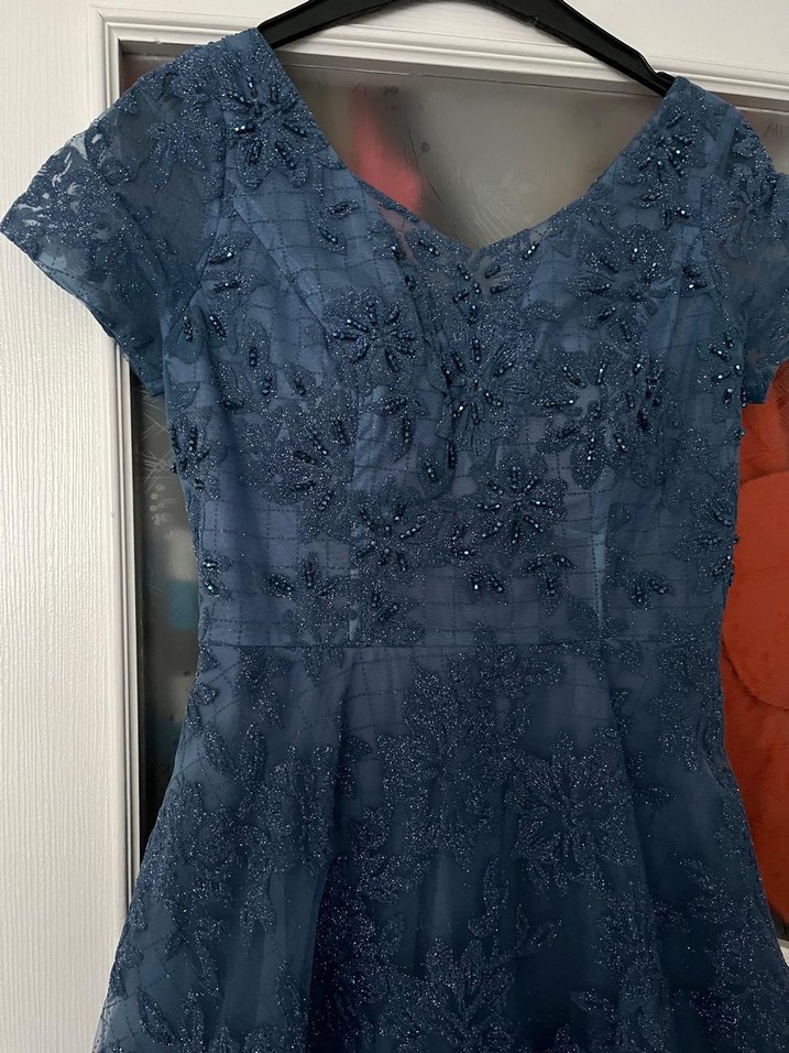 Mavi Uzun Drapeli Abiye Elbise - Görsel 5