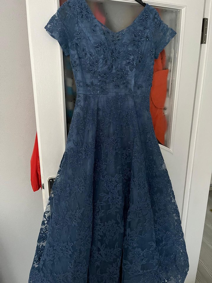 Mavi Uzun Drapeli Abiye Elbise - Görsel 4