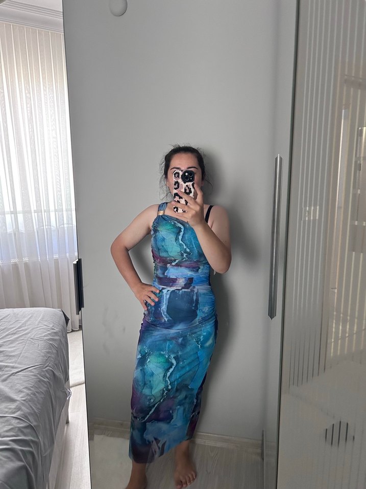 Mavi Tie-Dye Straplez Midi Elbise - Görsel 2