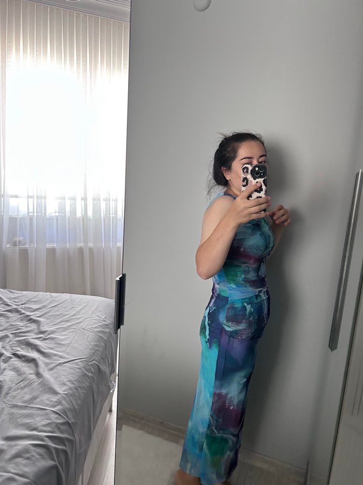 Mavi Tie-Dye Straplez Midi Elbise - Görsel 3