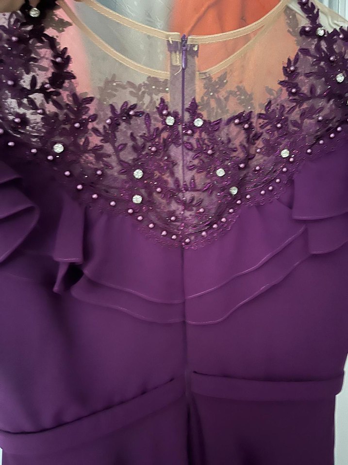 Mor Uzun Abiye Elbise V Yaka Drapeli - Görsel 2