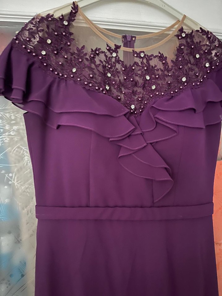 Mor Uzun Abiye Elbise V Yaka Drapeli - Görsel 3