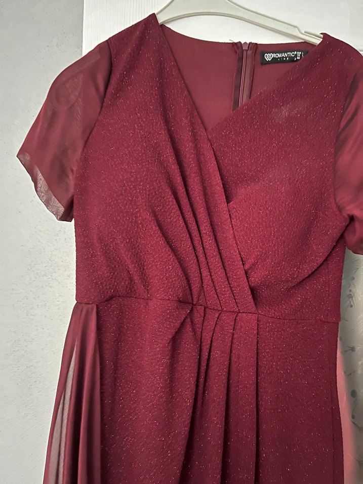 Bordo V Yaka Drapeli Uzun Elbise - Görsel 2