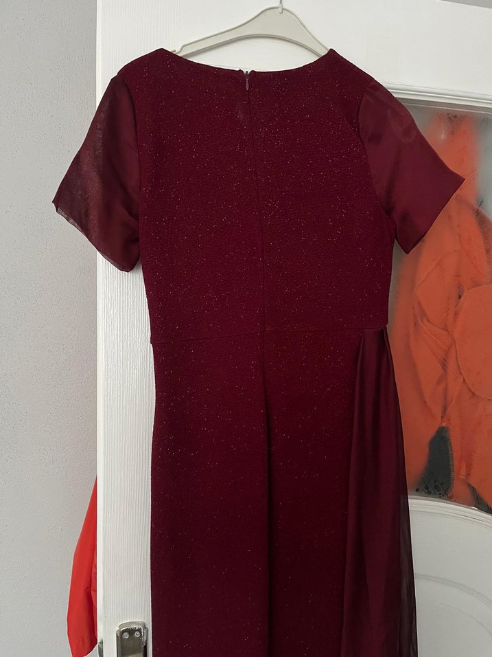 Bordo V Yaka Drapeli Uzun Elbise - Görsel 3