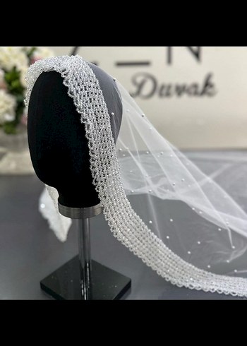 İnci İşlemeli Beyaz Duvak