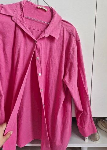 Pembe Keten Düğmeli Kadın Gömlek
