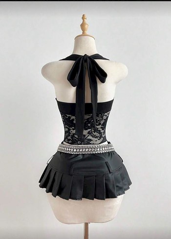 Dantel Detaylı Siyah Gotik Halter Yaka Bustiyer - Görsel 2