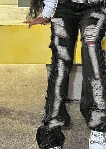 Gevşek Kesim Siyah Gri Yırtık Denim Pantolon
